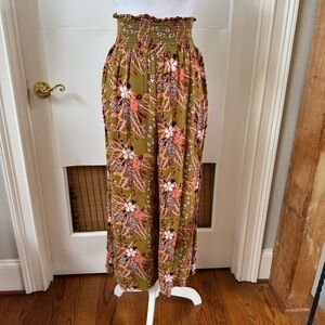 NWOT Rachel Zoe flowy wide leg boho Olive Floral Pants pull on elastic waist